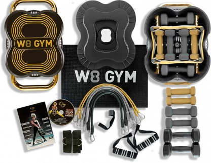Gold w8 gym resistance bands, dumbbells, straps and box